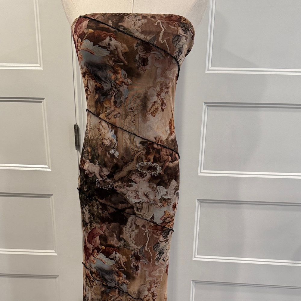 Fashion Nova Strapless Artistic Print Dress - Brown